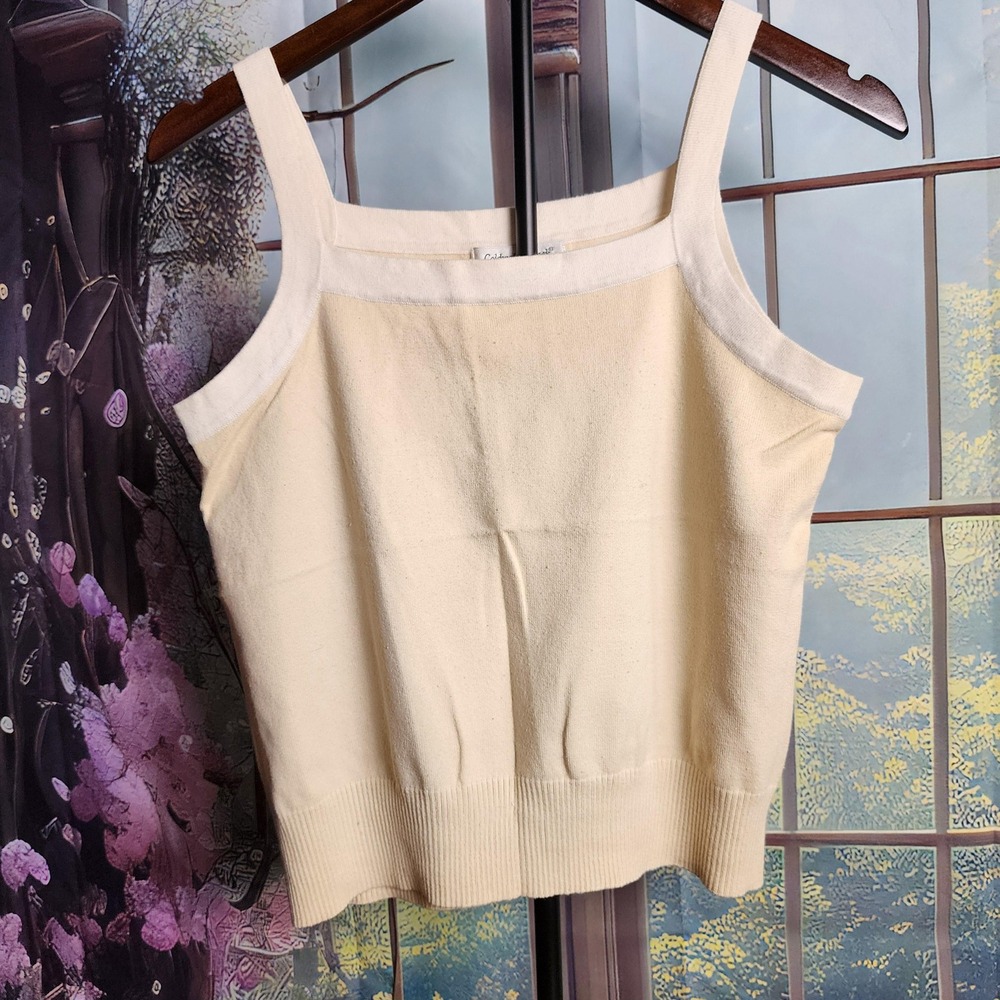 Coldwater Creek Womens Small Beige Cream Cotton Knit Tank Top Y2K Square Neck